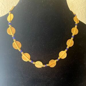 Vintage West African Akan Disc & Blue Glass Bead Gold Tone Necklace 17"
